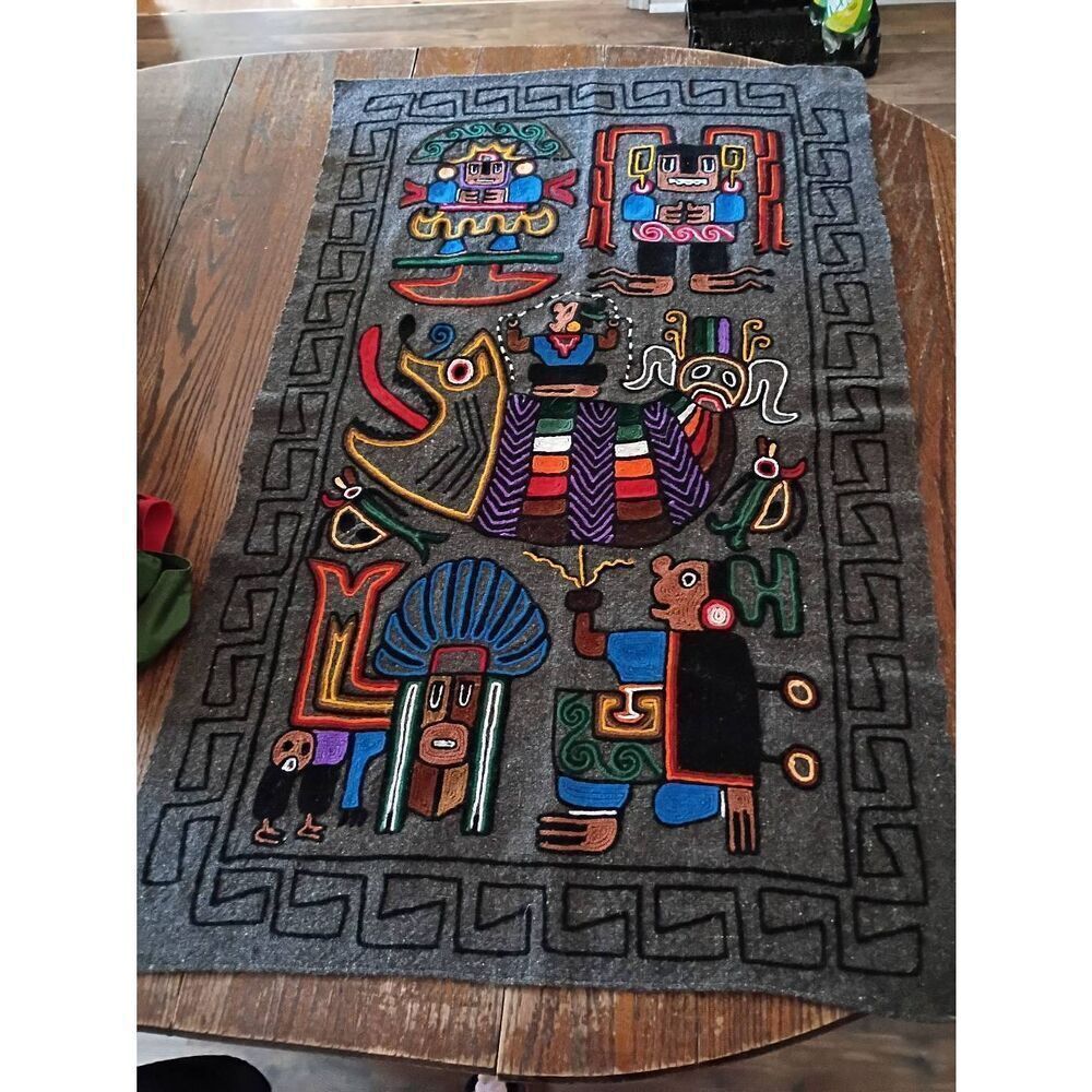 Vintage Peruvian Mayan Aztec Embroidered Wool Handmade Wall Hanging Tapestry